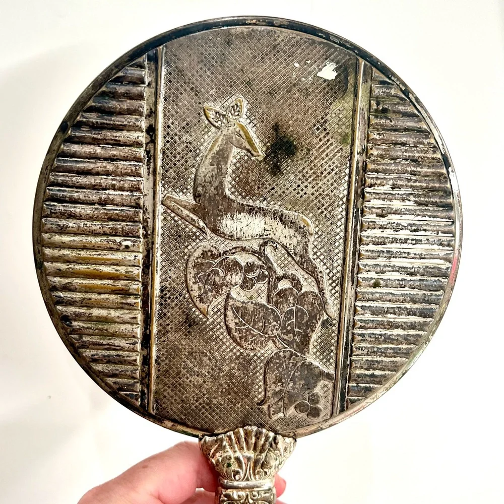 Antique Art Noveau Gilt Doe Leaf And Berry Hand Vanity Mirror Early 1900s